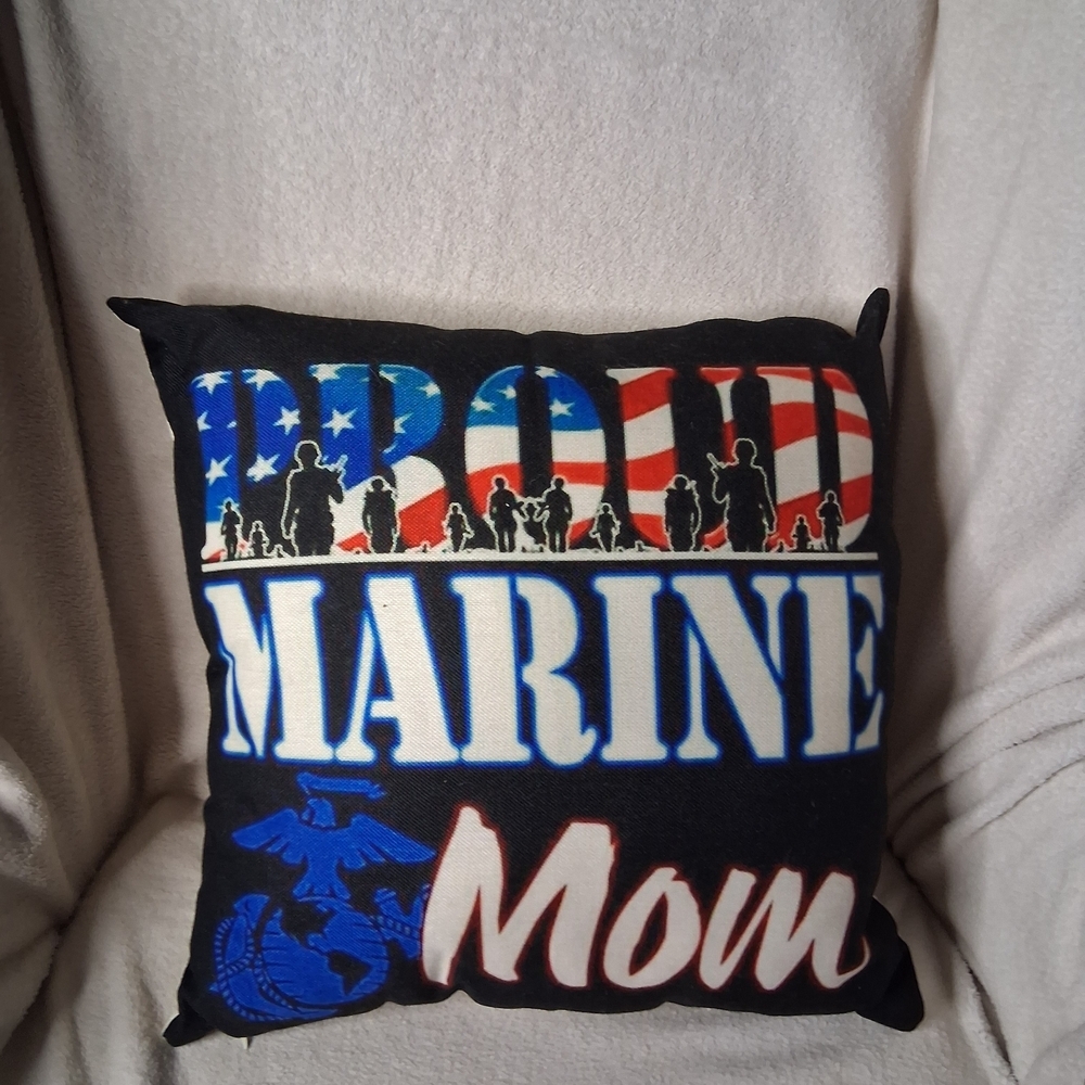 Hand Crafted Proud Marine Mom Accent Pillow - Black, Red, Blue